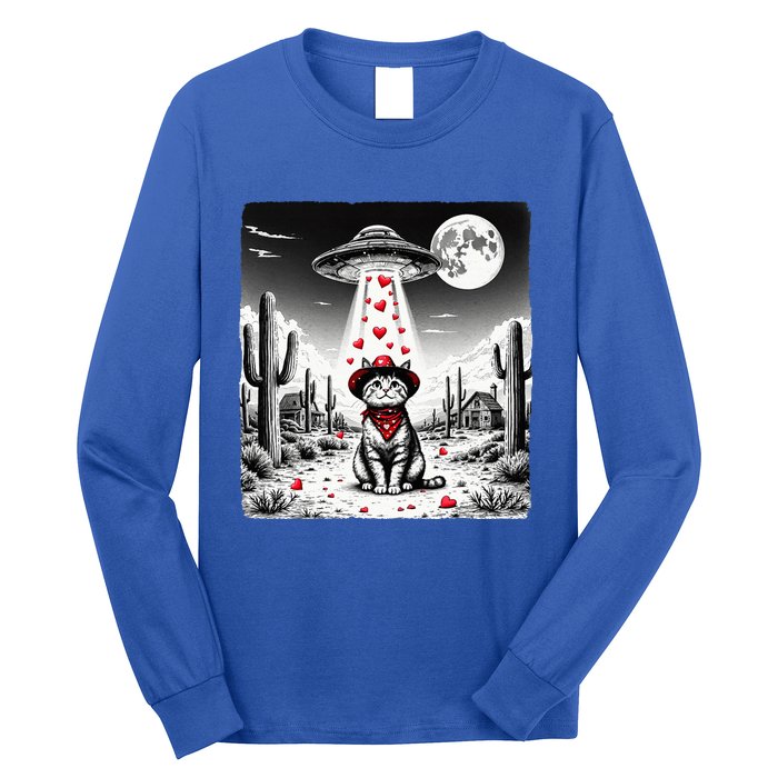 Cowboy Cat Ufo Meme Funny Cat Ufos ValentineS Day Cat Lover Long Sleeve Shirt