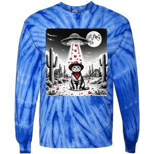 Cowboy Cat Ufo Meme Funny Cat Ufos ValentineS Day Cat Lover Tie-Dye Long Sleeve Shirt