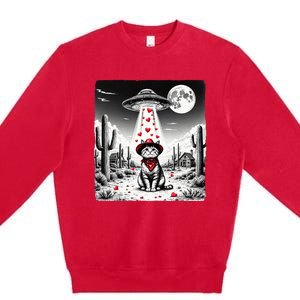 Cowboy Cat Ufo Meme Funny Cat Ufos ValentineS Day Cat Lover Premium Crewneck Sweatshirt