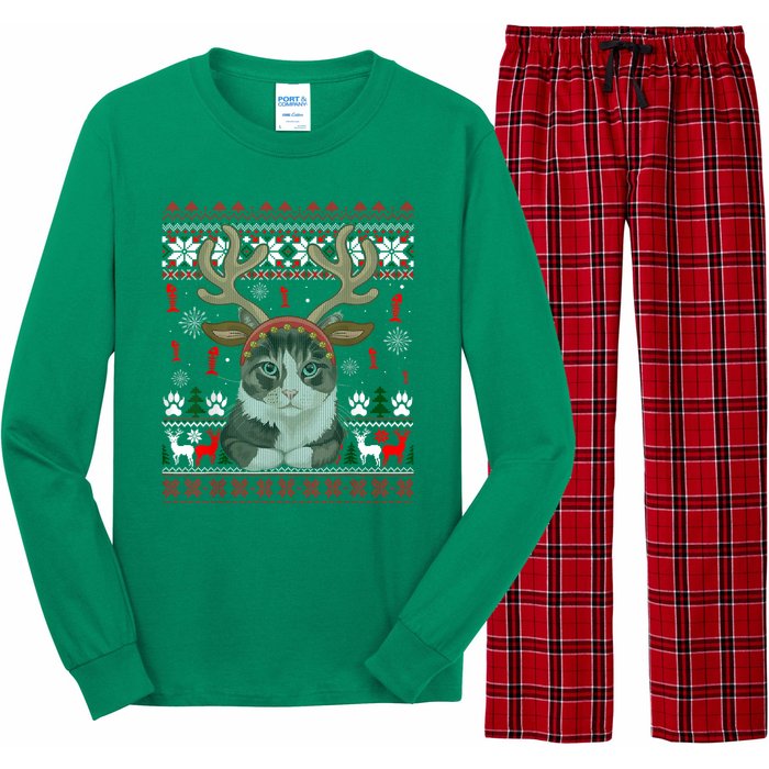 Cute Cat Ugly Christmas Sweater Long Sleeve Pajama Set