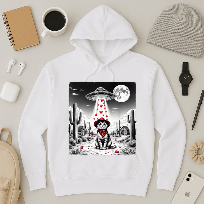 Cowboy Cat Ufo Meme Funny Cat Ufos ValentineS Day Cat Lover Hoodie