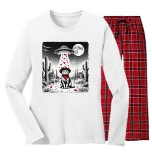 Cowboy Cat Ufo Meme Funny Cat Ufos ValentineS Day Cat Lover Women's Long Sleeve Flannel Pajama Set 