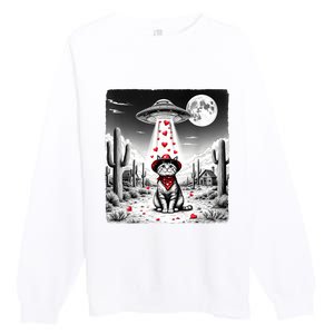 Cowboy Cat Ufo Meme Funny Cat Ufos ValentineS Day Cat Lover Premium Crewneck Sweatshirt