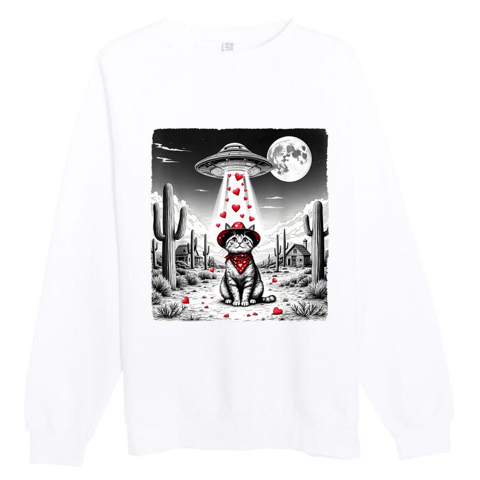 Cowboy Cat Ufo Meme Funny Cat Ufos ValentineS Day Cat Lover Premium Crewneck Sweatshirt