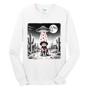 Cowboy Cat Ufo Meme Funny Cat Ufos ValentineS Day Cat Lover Tall Long Sleeve T-Shirt