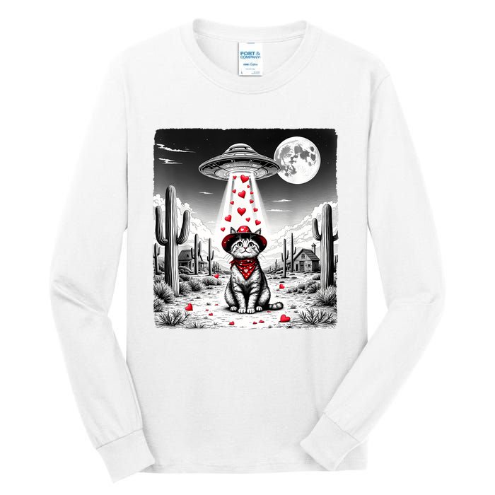 Cowboy Cat Ufo Meme Funny Cat Ufos ValentineS Day Cat Lover Tall Long Sleeve T-Shirt