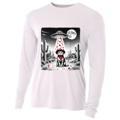 Cowboy Cat Ufo Meme Funny Cat Ufos ValentineS Day Cat Lover Cooling Performance Long Sleeve Crew