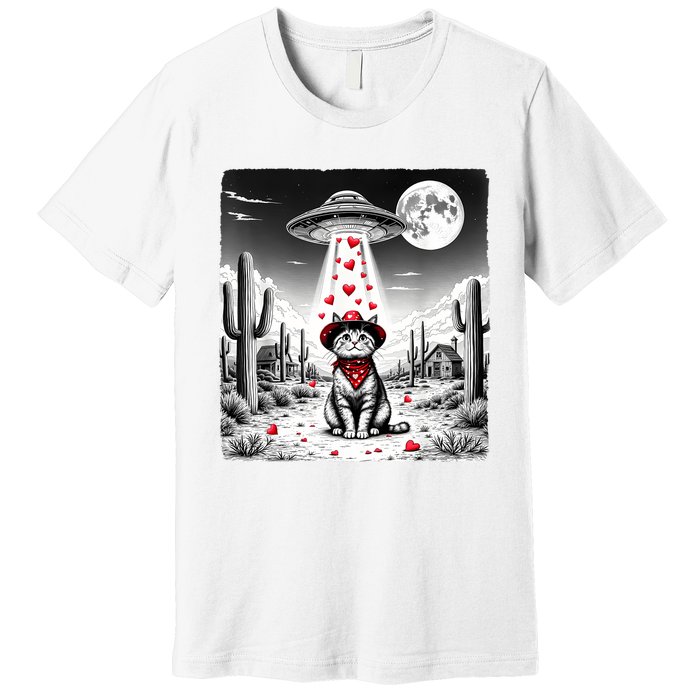 Cowboy Cat Ufo Meme Funny Cat Ufos ValentineS Day Cat Lover Premium T-Shirt