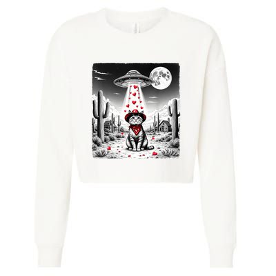Cowboy Cat Ufo Meme Funny Cat Ufos ValentineS Day Cat Lover Cropped Pullover Crew