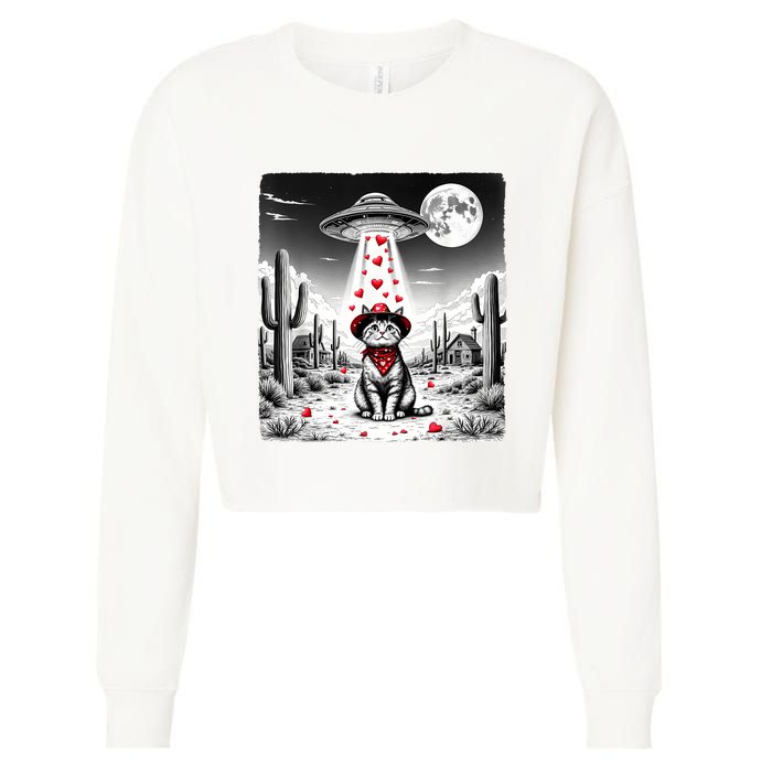 Cowboy Cat Ufo Meme Funny Cat Ufos ValentineS Day Cat Lover Cropped Pullover Crew