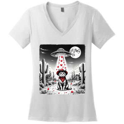 Cowboy Cat Ufo Meme Funny Cat Ufos ValentineS Day Cat Lover Women's V-Neck T-Shirt