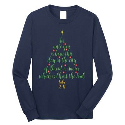 Christian Christmas Unto You Is Born A Savior Tree Long Sleeve Shirt