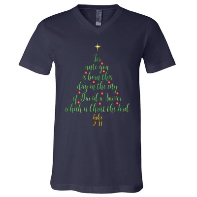 Christian Christmas Unto You Is Born A Savior Tree V-Neck T-Shirt