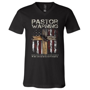 Christian Cross USA Flag Pastor Warning V-Neck T-Shirt