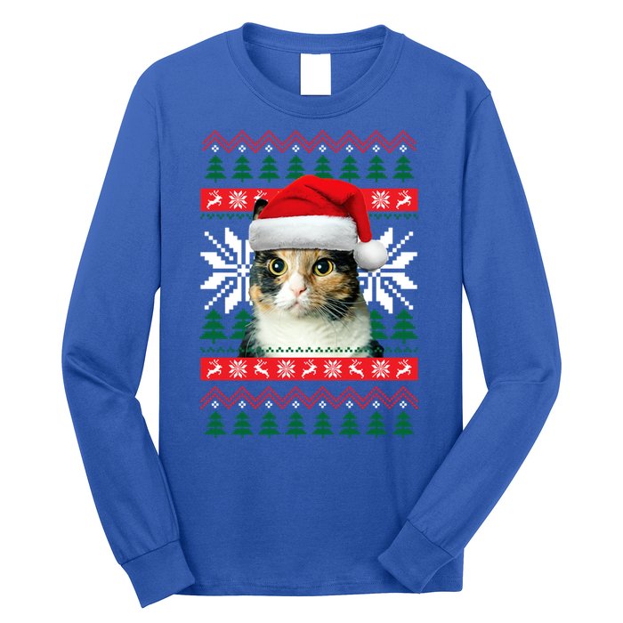 Calico Cat Ugly Christmas Sweater Style Santa Hat Kitty Mom Gift Long Sleeve Shirt