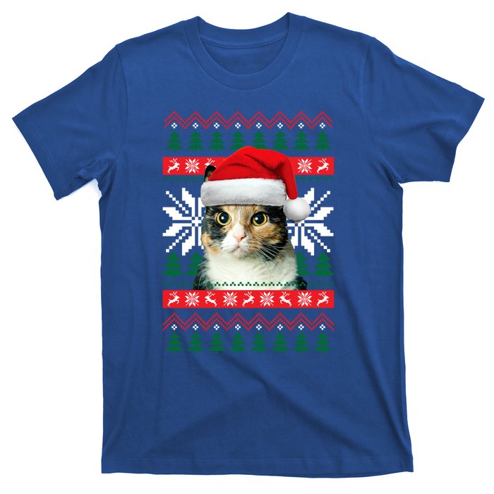 Calico Cat Ugly Christmas Sweater Style Santa Hat Kitty Mom Gift T-Shirt