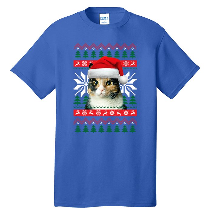 Calico Cat Ugly Christmas Sweater Style Santa Hat Kitty Mom Gift Tall T-Shirt