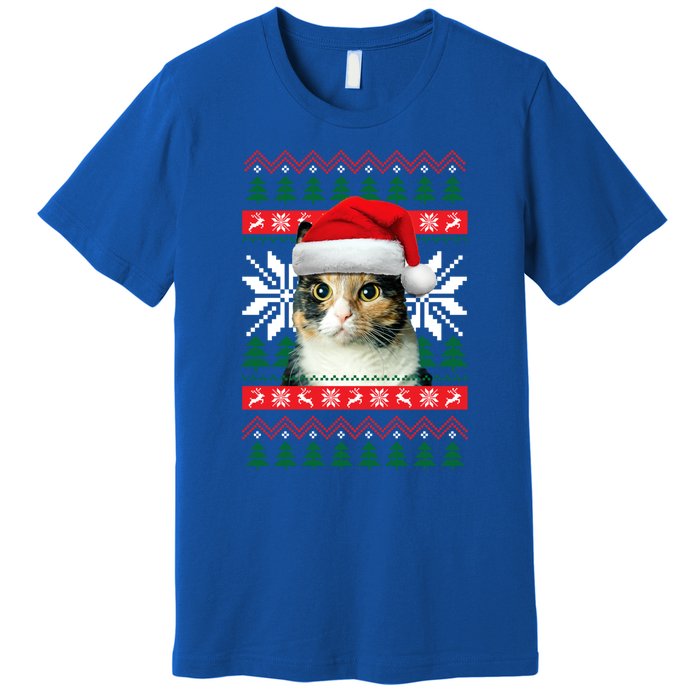 Calico Cat Ugly Christmas Sweater Style Santa Hat Kitty Mom Gift Premium T-Shirt