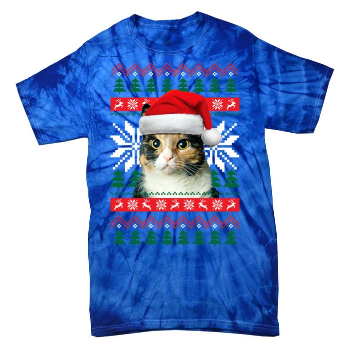 Calico Cat Ugly Christmas Sweater Style Santa Hat Kitty Mom Gift Tie-Dye T-Shirt