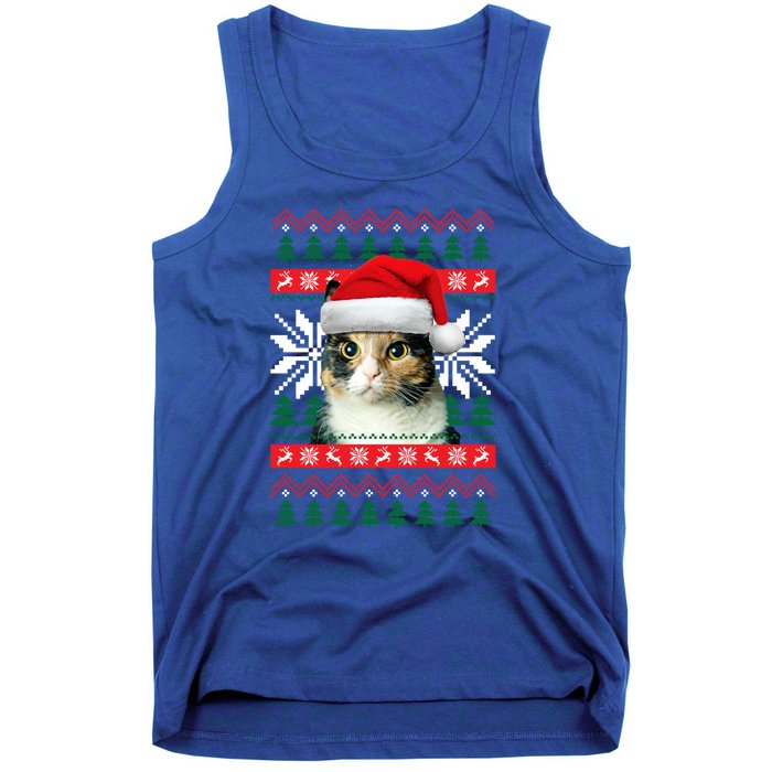 Calico Cat Ugly Christmas Sweater Style Santa Hat Kitty Mom Gift Tank Top