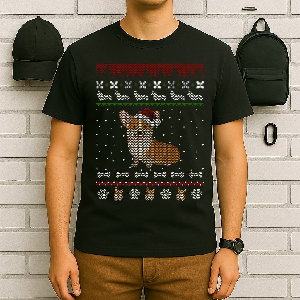 Cute Corgi Ugly Christmas Sweater Design T-Shirt
