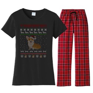 Cute Corgi Ugly Christmas Sweater Design Women's Flannel Pajama Set