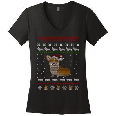Cute Corgi Ugly Christmas Sweater Design Women's V-Neck T-Shirt