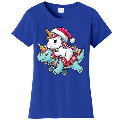 Cute Christmas Unicorn Santa Hat Riding Triceratops Xmas Cool Gift Women's T-Shirt