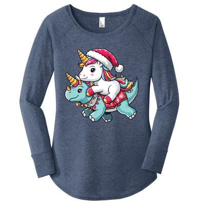 Cute Christmas Unicorn Santa Hat Riding Triceratops Xmas Cool Gift Women's Perfect Tri Tunic Long Sleeve Shirt