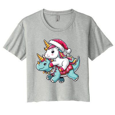 Cute Christmas Unicorn Santa Hat Riding Triceratops Xmas Cool Gift Women's Crop Top Tee