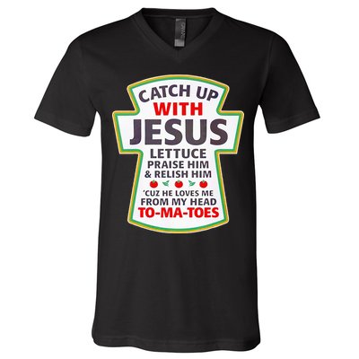 Christian Catch Up With Jesus Ketchup Funny Tomato V-Neck T-Shirt
