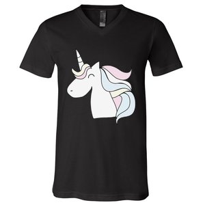 Cute Cartoon Unicorn Head Pastel V-Neck T-Shirt