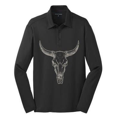 Cowgirl Cowboy Vintage Western Cow Skull Graphic Silk Touch Performance Long Sleeve Polo