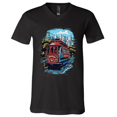 California City View San Francisco Cable Car Sf Sightseeing V-Neck T-Shirt