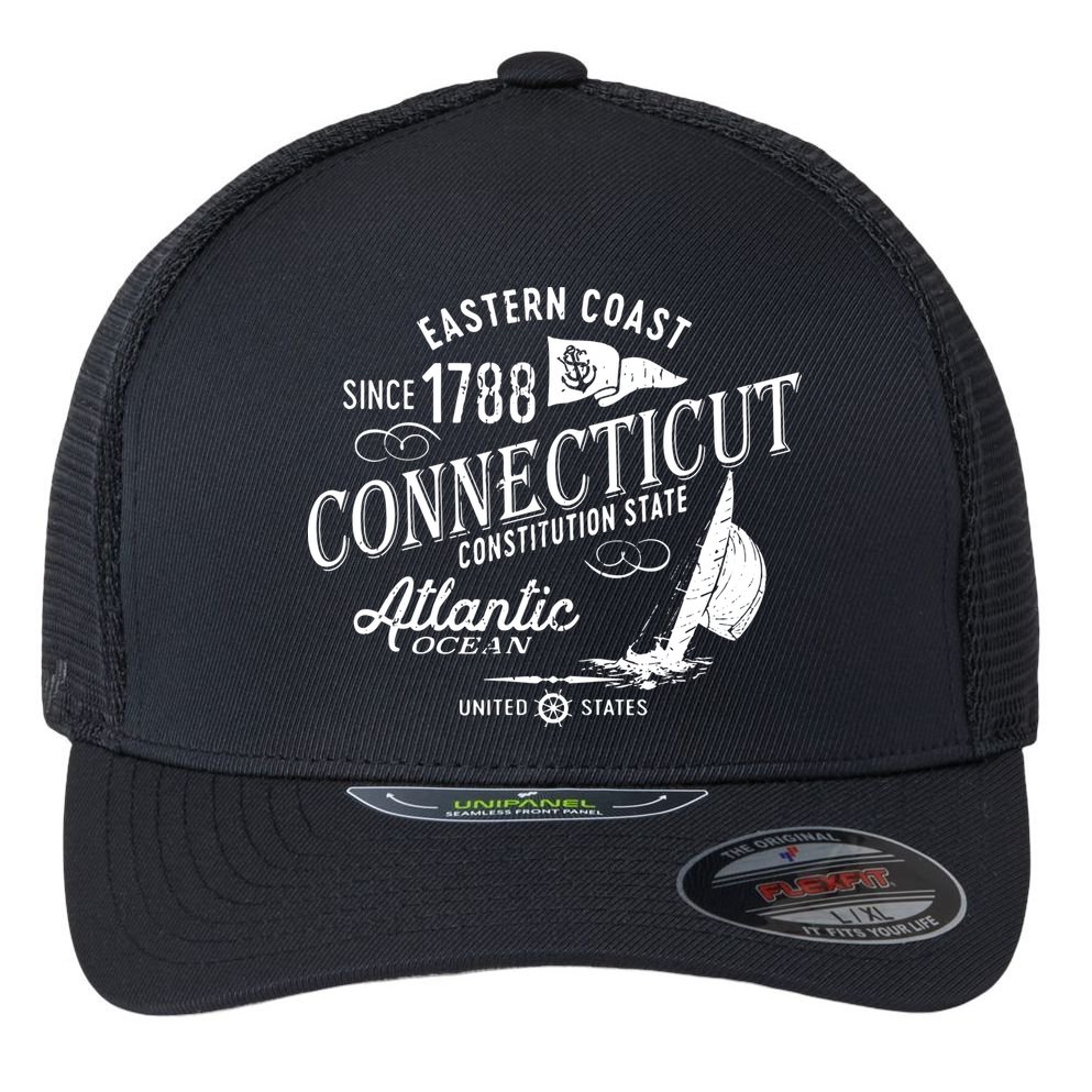 Connecticut Ct Vintage Nautical Sailing Design Flexfit Unipanel Trucker Cap