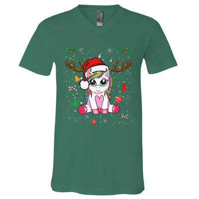 Cute Christmas Women Xmas Unicorn Deer Christmas V-Neck T-Shirt