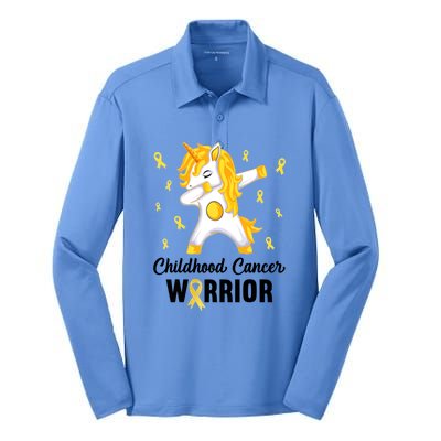 Childhood Cancer Warrior Unicorn We Wear Gold Silk Touch Performance Long Sleeve Polo