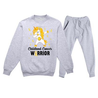 Childhood Cancer Warrior Unicorn We Wear Gold Premium Crewneck Sweatsuit Set