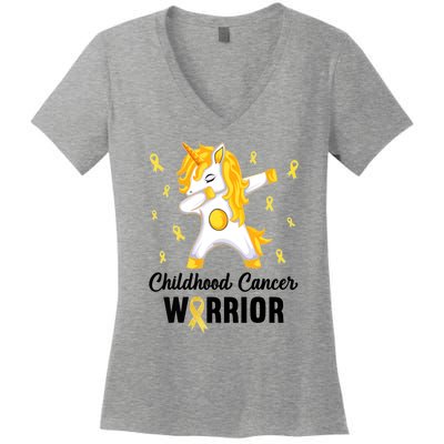 Childhood Cancer Warrior Unicorn We Wear Gold Women's V-Neck T-Shirt