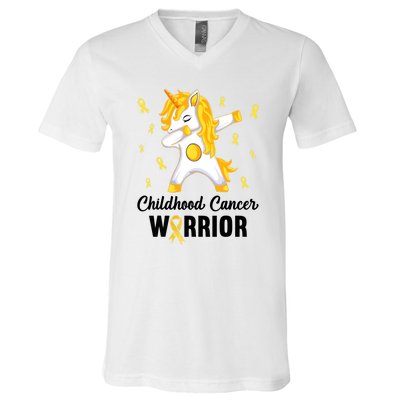 Childhood Cancer Warrior Unicorn We Wear Gold V-Neck T-Shirt