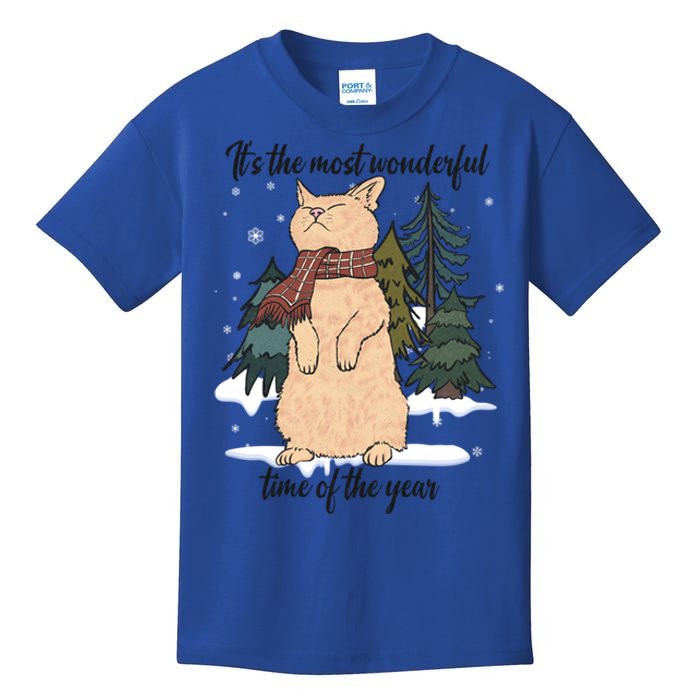 Christmas Cat With Red Scarf And Winter Wonderland Gift Kids T-Shirt