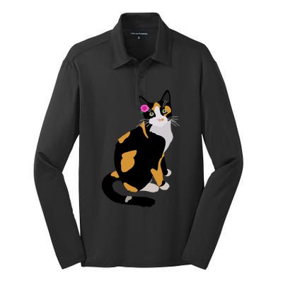 Calico Cat With Pink Flower Calico Mom Cat Lover Silk Touch Performance Long Sleeve Polo