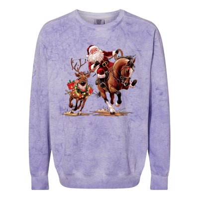 Christmas Cowboy Western Xmas Funny Cowboy Santa Bulldogging Colorblast Crewneck Sweatshirt