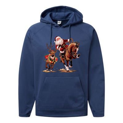 Christmas Cowboy Western Xmas Funny Cowboy Santa Bulldogging Performance Fleece Hoodie