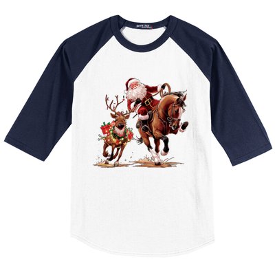 Christmas Cowboy Western Xmas Funny Cowboy Santa Bulldogging Baseball Sleeve Shirt