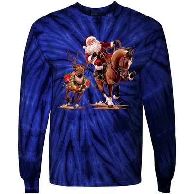 Christmas Cowboy Western Xmas Funny Cowboy Santa Bulldogging Tie-Dye Long Sleeve Shirt