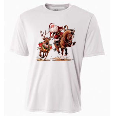 Christmas Cowboy Western Xmas Funny Cowboy Santa Bulldogging Cooling Performance Crew T-Shirt