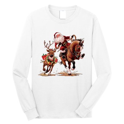 Christmas Cowboy Western Xmas Funny Cowboy Santa Bulldogging Long Sleeve Shirt