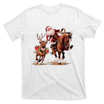 Christmas Cowboy Western Xmas Funny Cowboy Santa Bulldogging T-Shirt