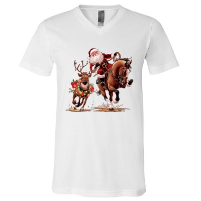 Christmas Cowboy Western Xmas Funny Cowboy Santa Bulldogging V-Neck T-Shirt